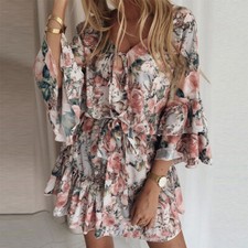 Women Boho Floral Print V-Neck Tea Dress Summer  Beach Ruffles Sundress Dresses