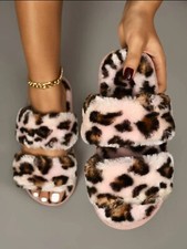 Women Leopard Print Fur Fluffy Slides indoor Outdoor w/ Sling