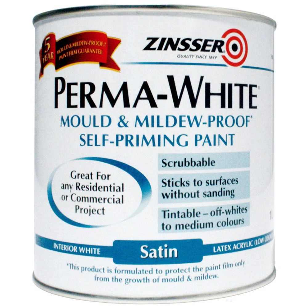 Zinsser Perma White Paint 1L Interior Internal Self Priming Satin 1 Litre