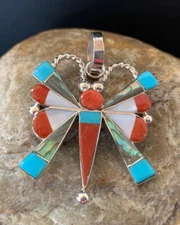 Turquoise Spiny & Mother Of Pearls Butterfly Sterling Silver Pin Pendant 1368