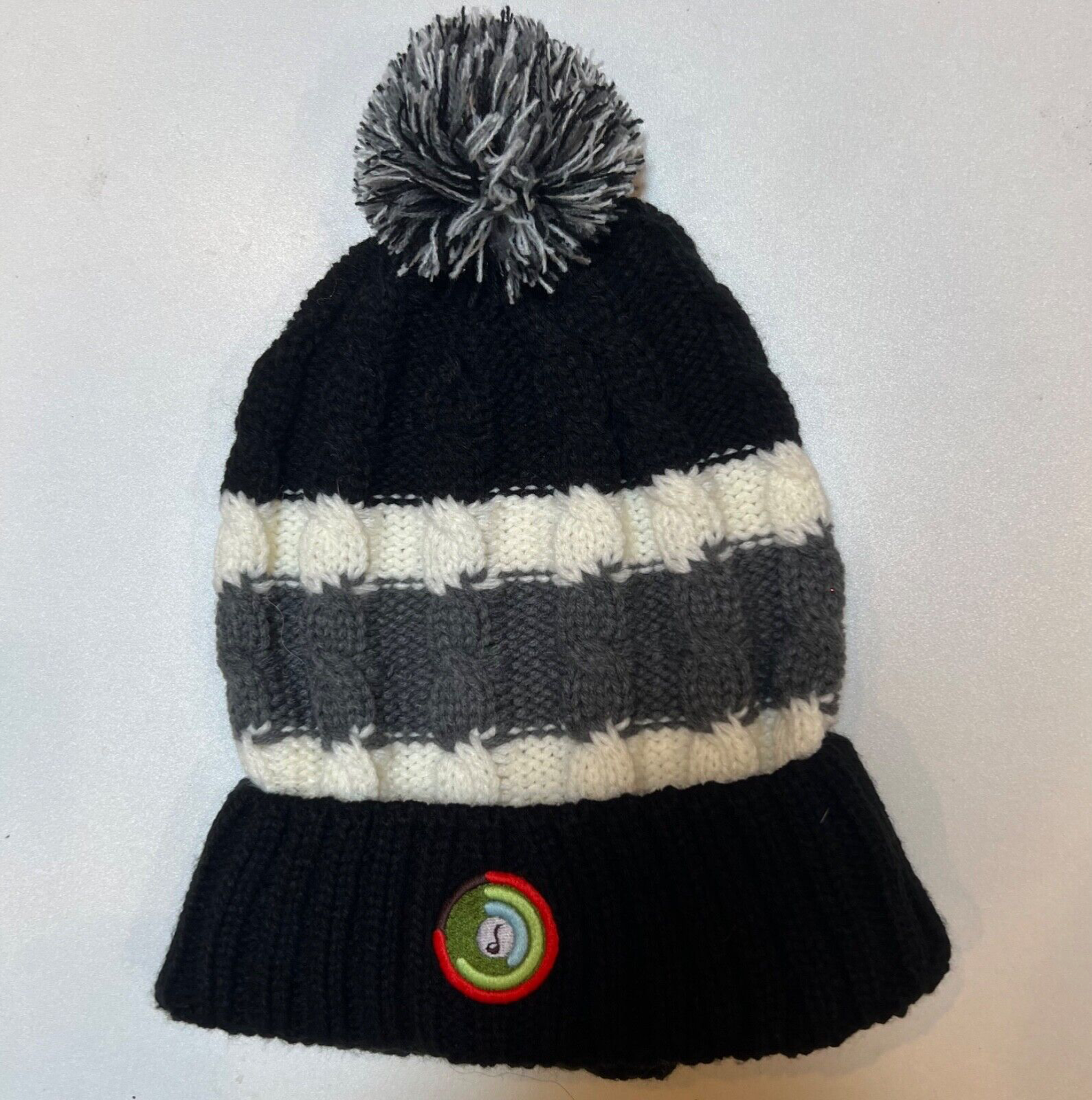 Black & White Knit Beanie with Pompom - Acrylic, Logo, One Size-image