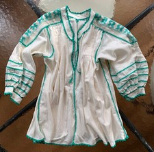 Oaxaca Mexico Hand-Stitched Cotton Shirt White with Green Embroidery Exllnt Cond