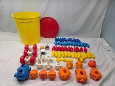 Vintage Tomy Popoids Construction Toys, Wheels, eye, heads, bucket 70 pieces
