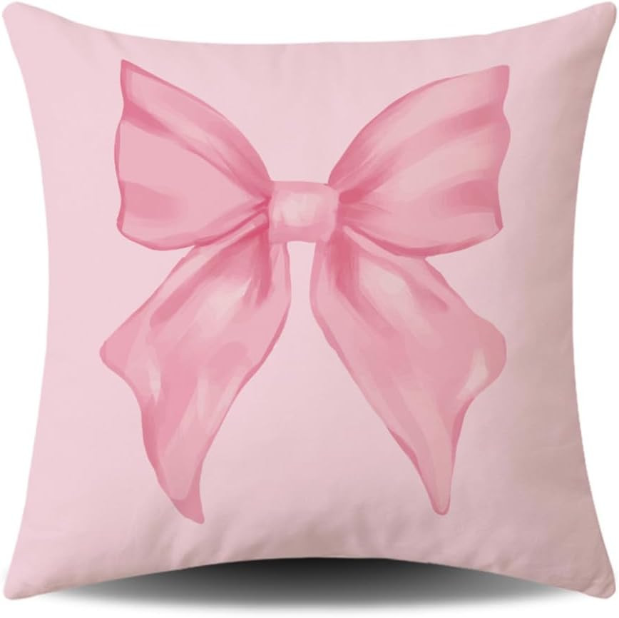 Pink Bow Pillow Cover 45X45Cm - Peach Velvet Cushion Cover with Hidden Zipper, M