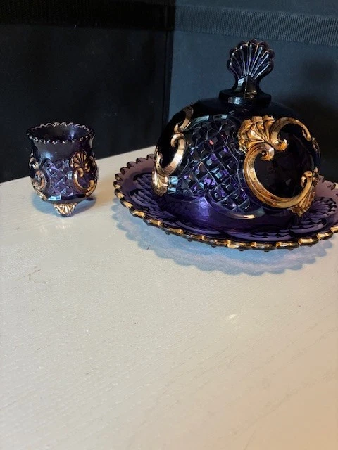 Croesus Amethyst butter dish with top and match holder