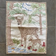 Woodland Deer Creature Nursery Embroidery Decor Vintage Handmade 18.5” x 15”
