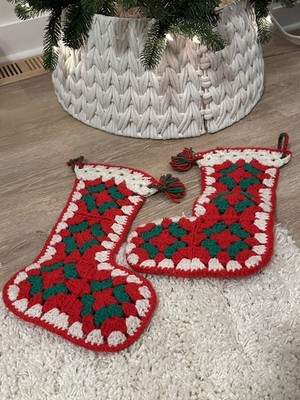 2 Vintage 70 s Granny Square Christmas Stockings Crochet Cottagecore Boho