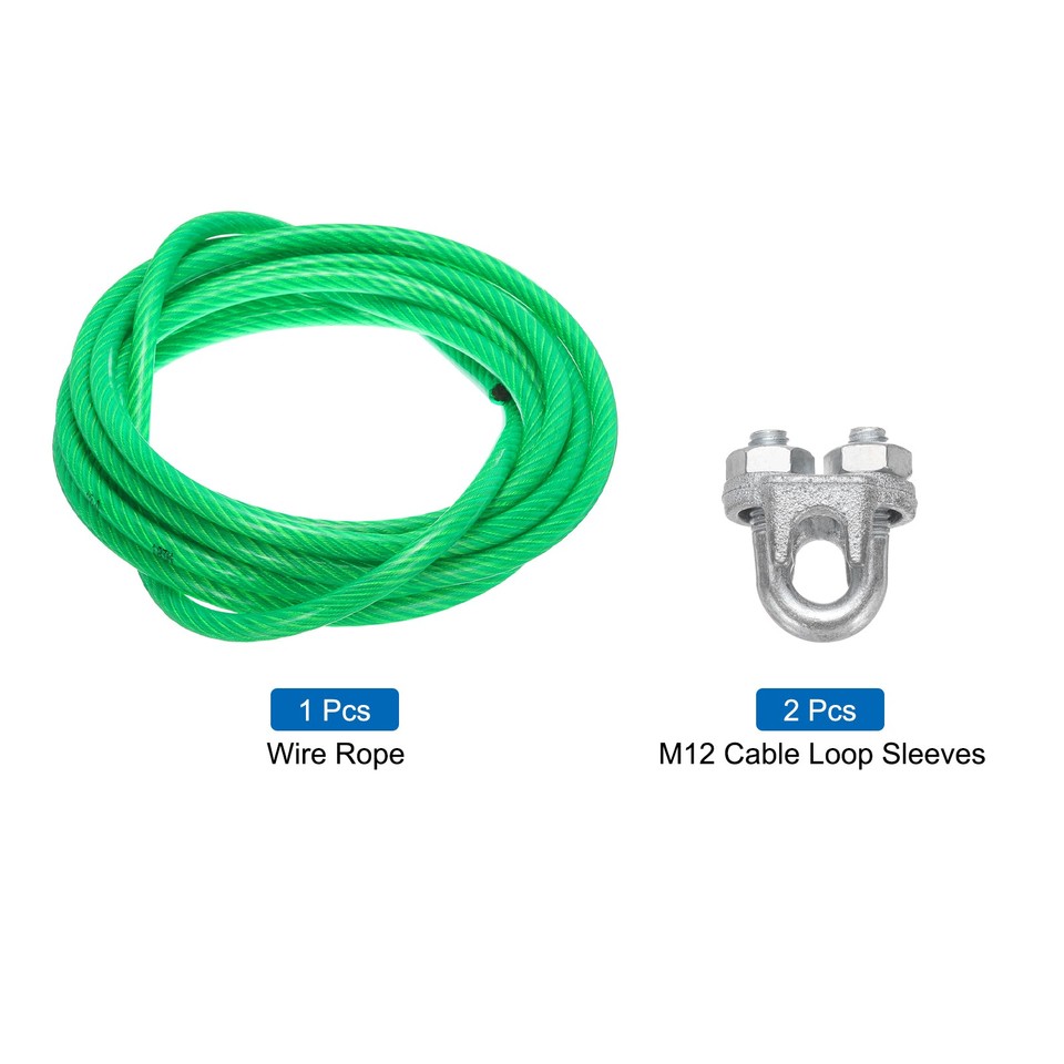 1/2 Green Vinyl Coated Wire Ropes 20ft Galvanized Steel(2PCS M12 Loop ...