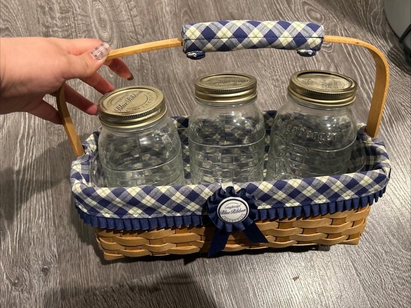Longaberger Blue Ribbon Canning Basket w/ Liner, Protector, Handle And Clip