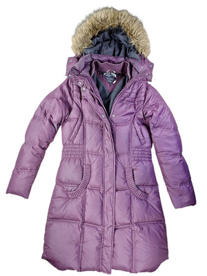 Hilfiger Denim Down Puffer Jacket Womens Size SMALL Hood Fur Trim Purple Zip Up