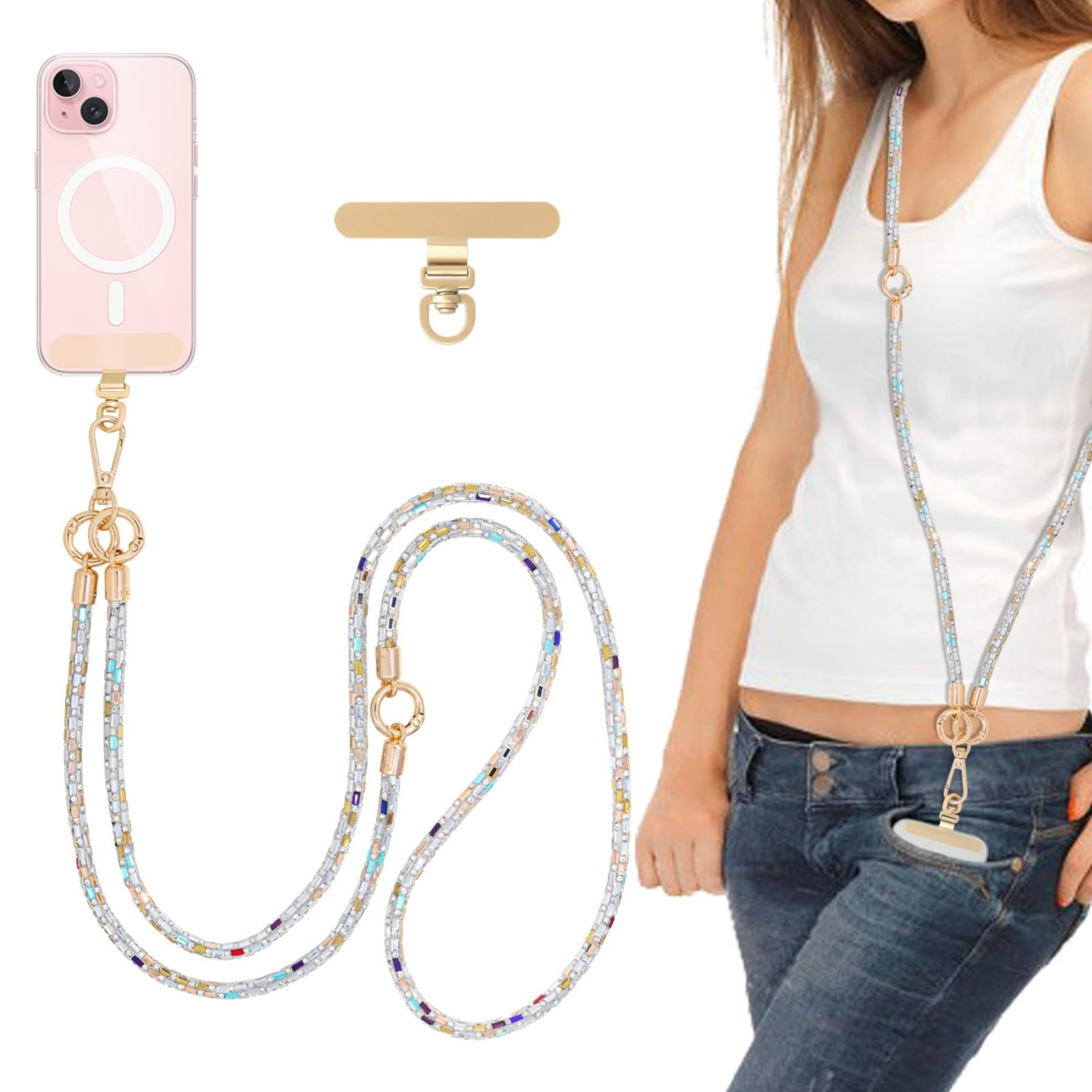 Rhinestone Crossbody Phone Strap with Gold Metal Buckles - Anti-Theft Layered De