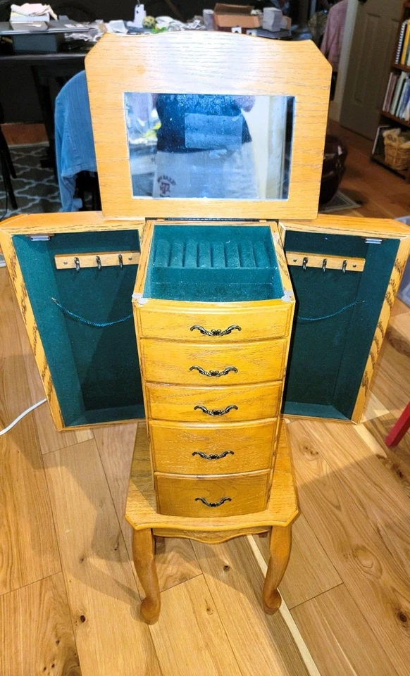 Armário de joias armário de carvalho organizador de caixa de joias espelho superior 3 gavetas - Imagem 2 de 4