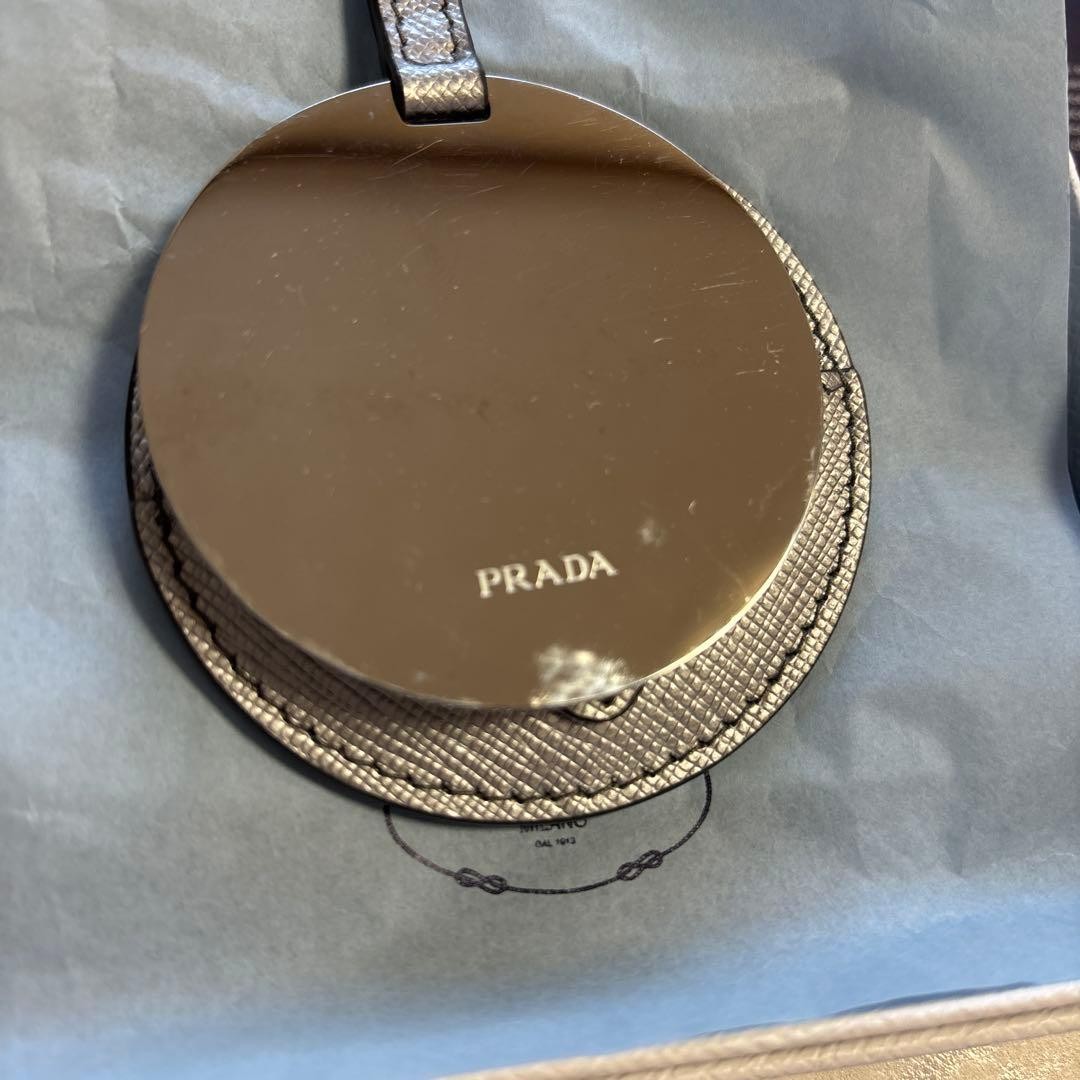 PRADA Mirror Keychain Metallic Leather Logo Plate Used Italy thumbnail 3