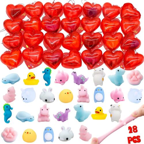 Valentine Mochi Party Favors Set, 28 Pcs Mochi Squishy Toys Filled Hearts and...