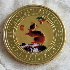 CHINA LUNAR YEAR OF THE RAT GOLD PLATED AND COLOURED 40mm PROOF MEDAL