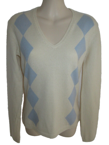 Ginger 100% Cashmere Cream Blue Diamond V-neck Sweater M May fit Small XS - Afbeelding 1 van 4