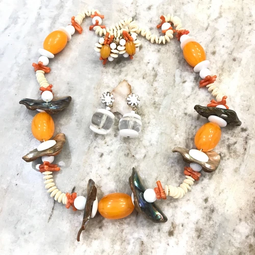 Miriam Haskell 70's Vrba Sticks & Stones Necklace Dble Earring Set Rare BOOK VTG