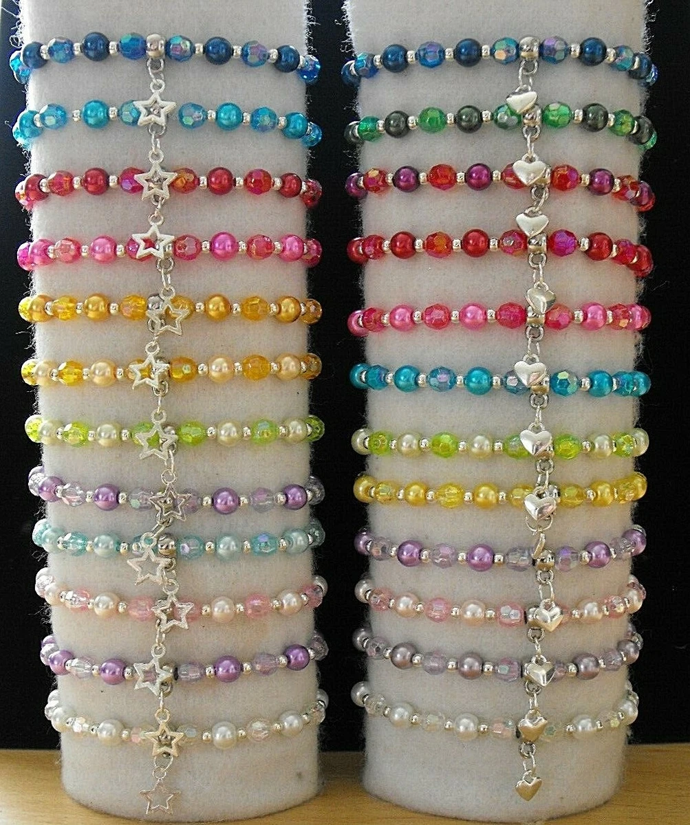 1 12 CHILDRENS BEADED STAR OR HEART CHARM BRACELETS PARTY BAG FILLERS WHOLESALE
