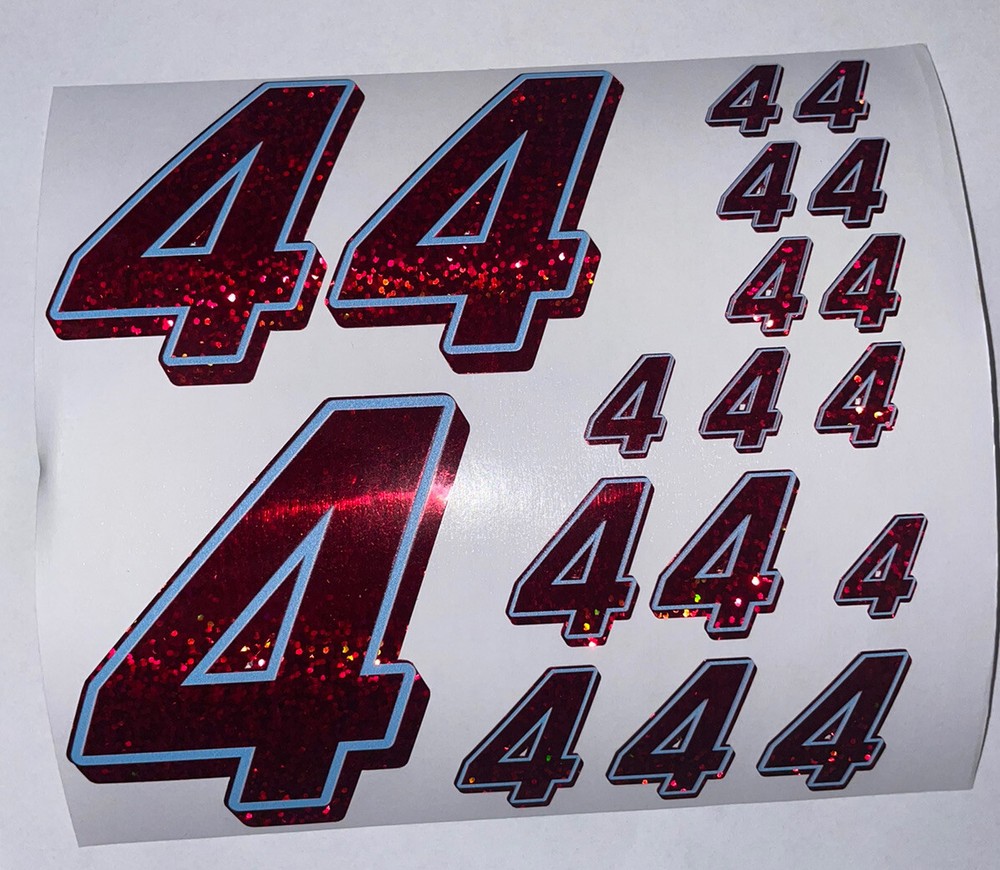 Red Sparkle w/ Red Sparkle Shadow/baby Blue. Outline #4’s Racing Numbers  Box L4