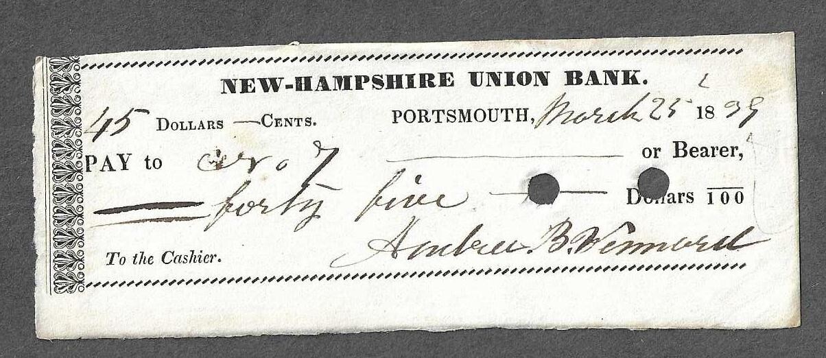 1839 Portsmouth New Hampshire Bank Check eBay