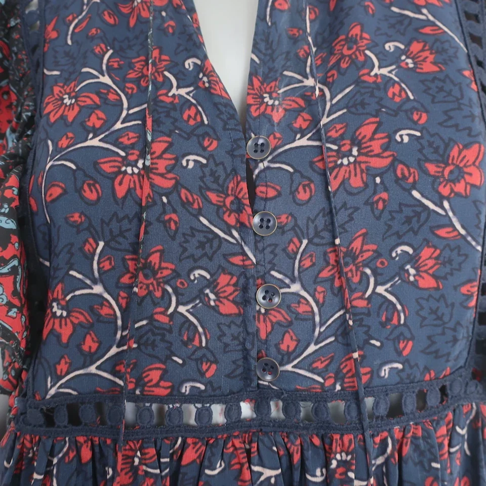 Mini Vestido SEA Borla Corbata Azul Marino Crochet Estampado Floral Seda Talla 6 Foto 2 de 4