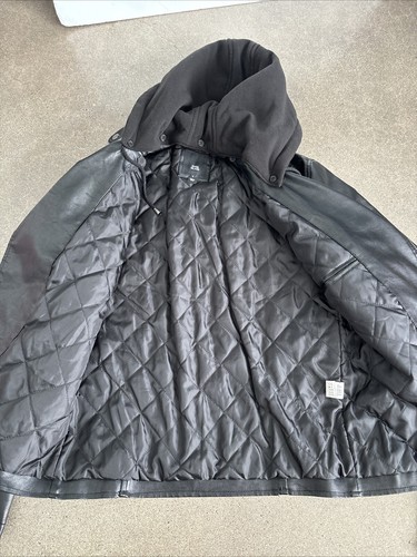 Leather Jacket River Island faux leather black biker jacket with hood men's sz S - Picture 6 of 15