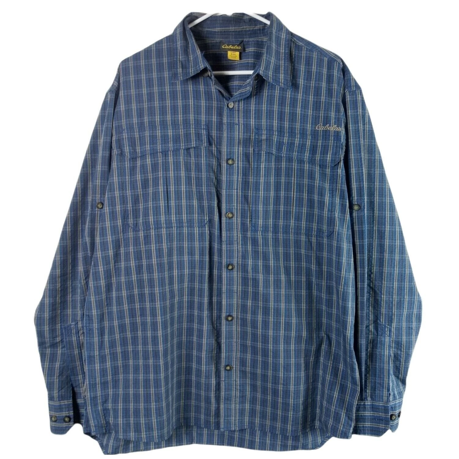 Cabelas Mens Plaid Long Sleeve Shirt Hook & Loop Pockets and Sides Blue Large
