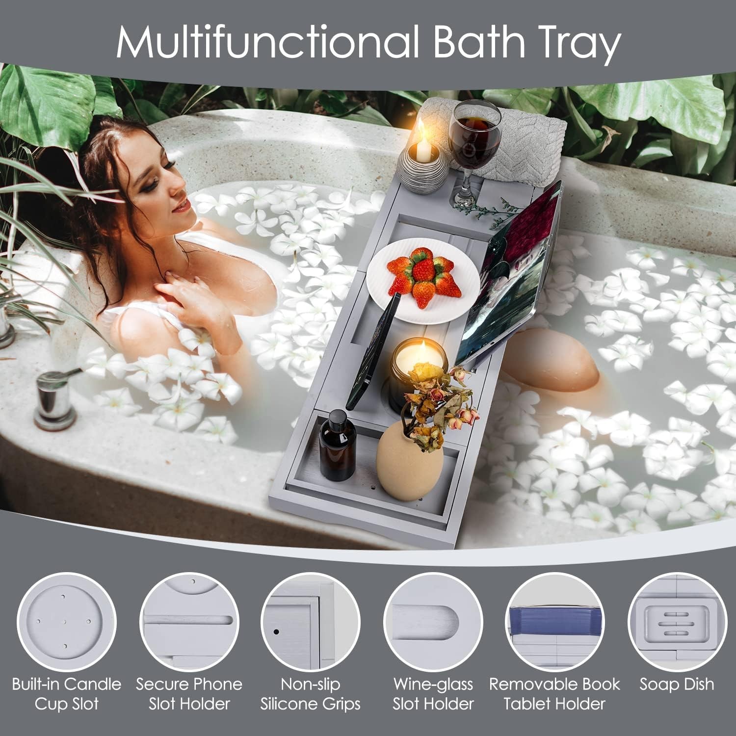 Elegant Waterproof Bamboo Bathtub Tray with Adjustable Sides & Spa Essentials thumbnail 6