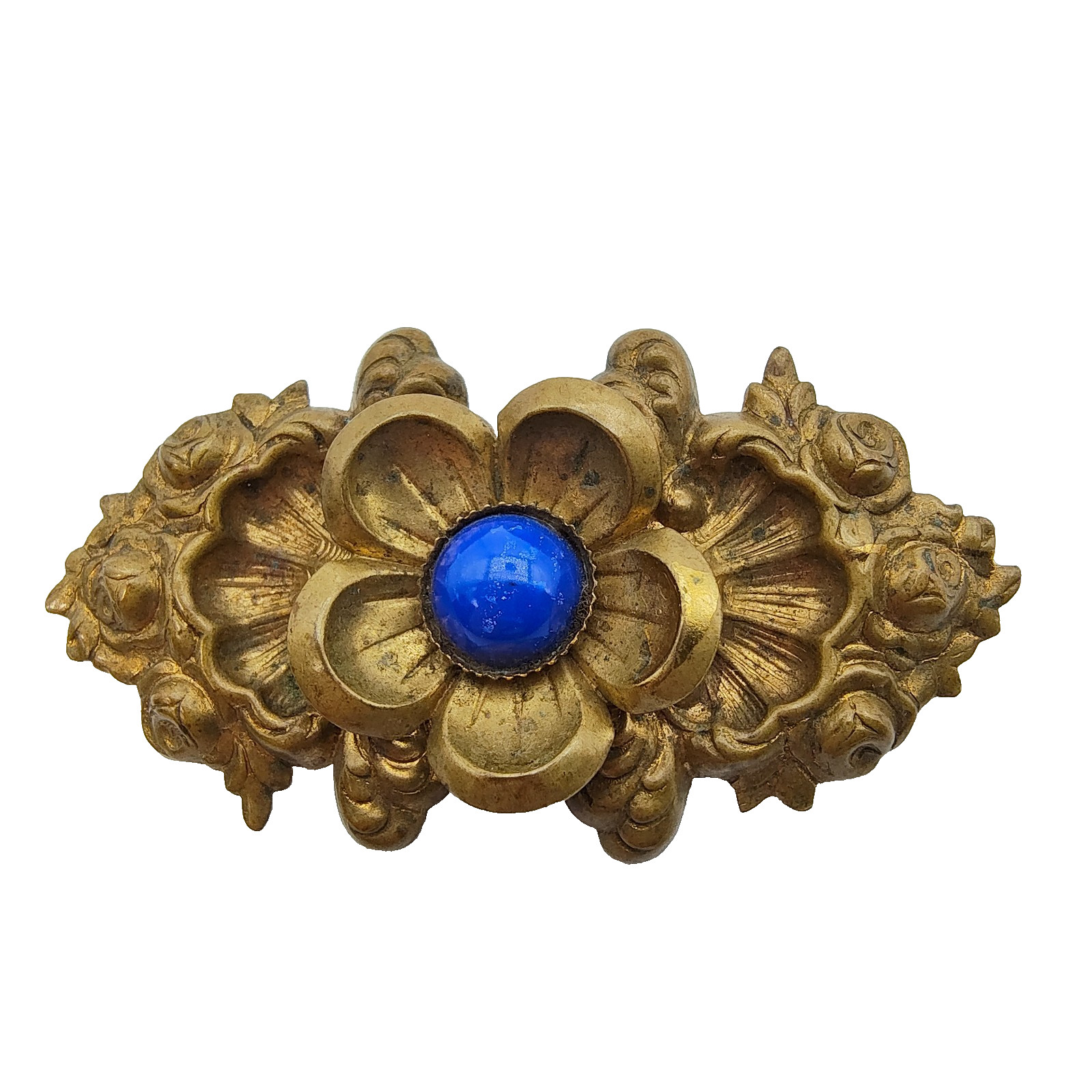 Antique Art Nouveau Floral Bar Brooch Brass Blue Cabochon Victorian C-Clasp READ