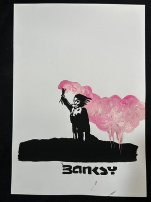 banksy drawing and painting on old paper signed stamped vintage