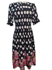 Shelby & Palmer Large Dress Black White Polka Dots Pleated Bodice Floral Print