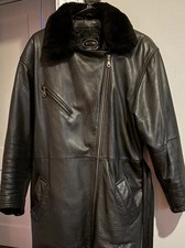 Vintage Tannery West Leather Belted Jacket Coat Black Fur Collar Size Medium