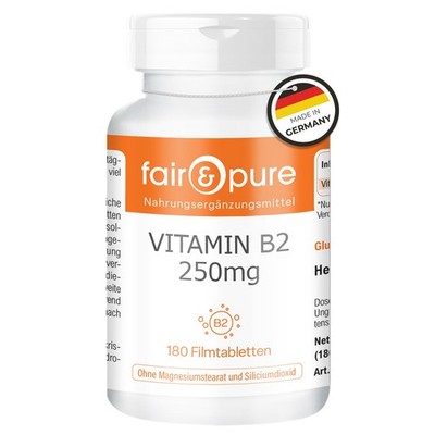 Vitamin B2 250mg - 180 Filmtabletten - für Energie, Sehkraft - vegan | fair-pure