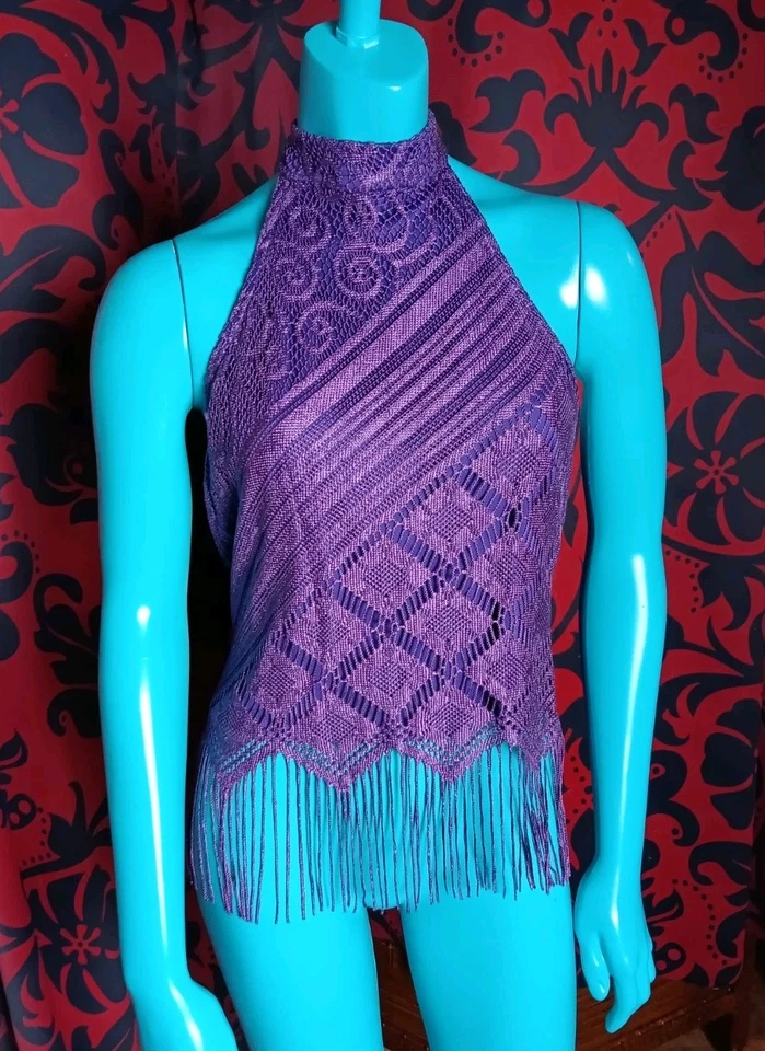 Top halter vintage GAS borlas moradas L boho hecho en EE. UU. Festival bohemio Y2k  Foto 2 de 4