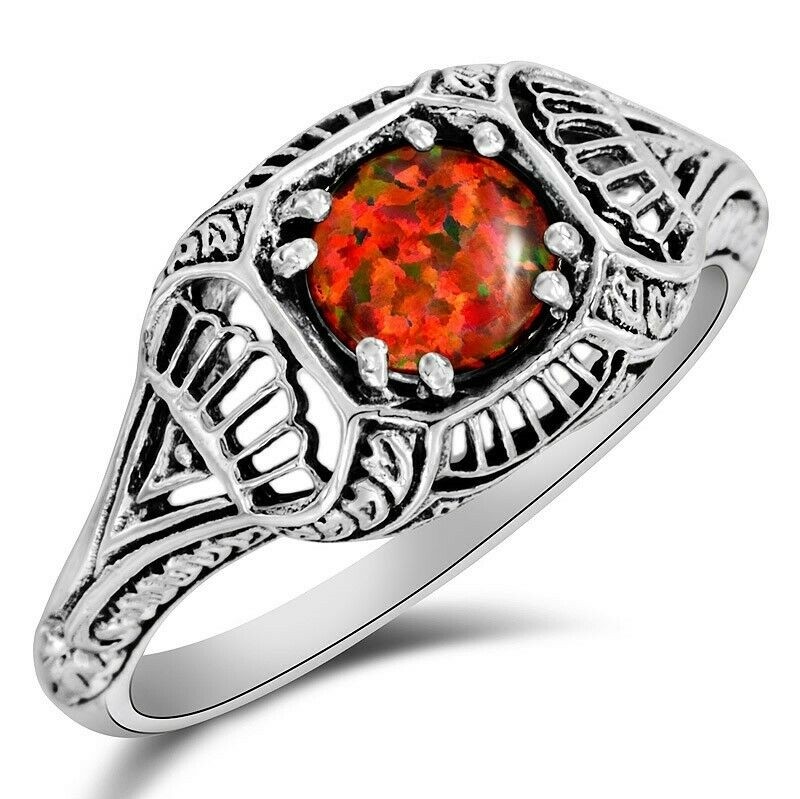 1CT  Red Fire Opal 925 Sterling Silver Vintage Art Ring Sz 7 F3-8