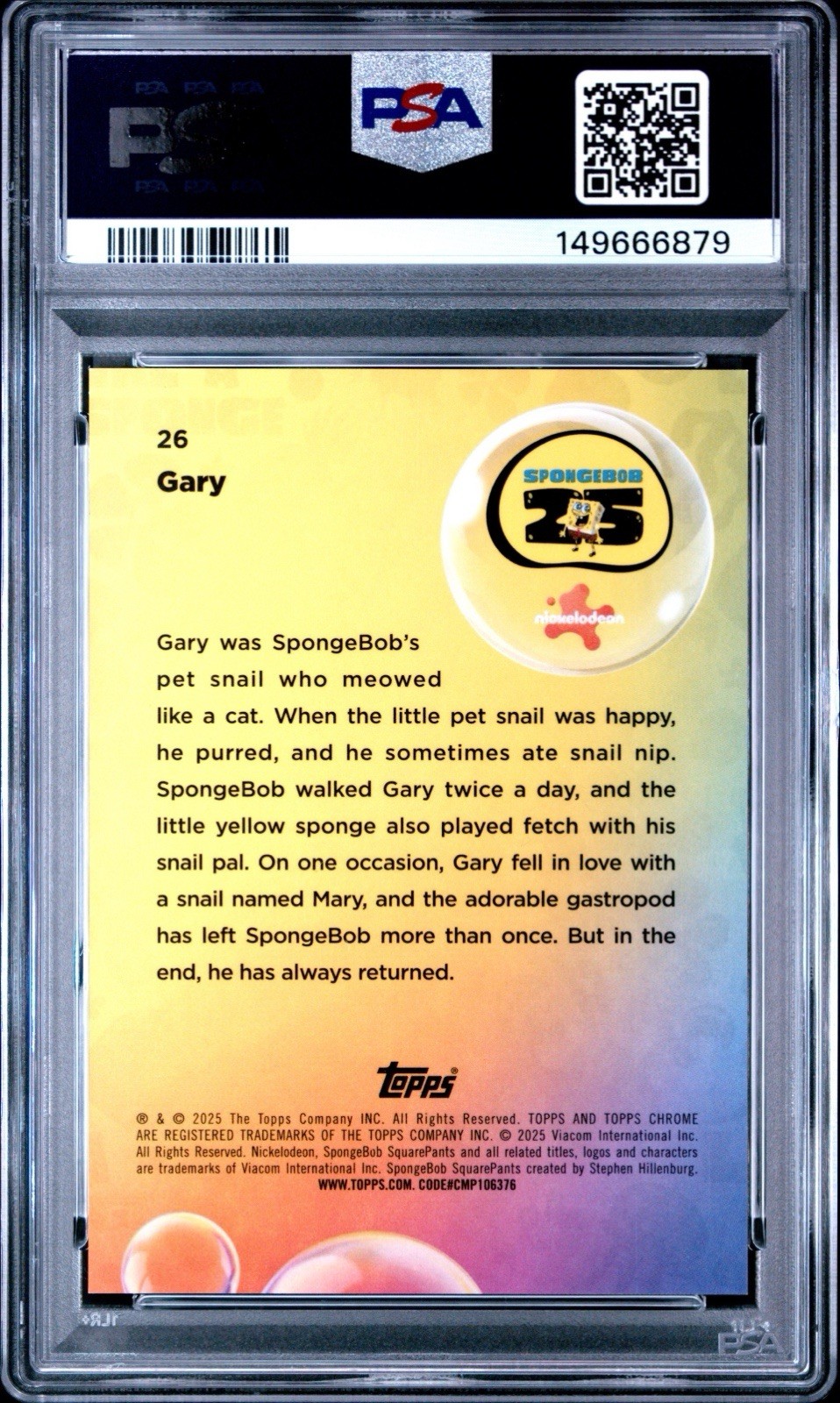 2025 Topps SpongeBob Sapphire Gary #26 Gold /50 PSA 10 Gem Mint view 2