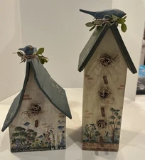 2  Wooden Bird Houses Rustic Painted Decor Handmade 7.5” and 9.75” Tall Sturdy 