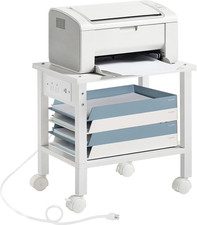 under Desk Printer Stand with Charging Station, 2 Tier Wooden Small Printer Tabl