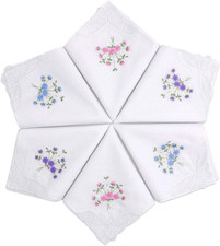 Women's Cotton Handkerchiefs Flower Embroidered with Lace, Ladies Hankies 6 Pcs