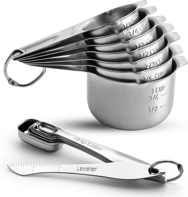 Stainless Steel Measuring Cups and Spoons Set of 14 with Leveler, Nesting Kitche