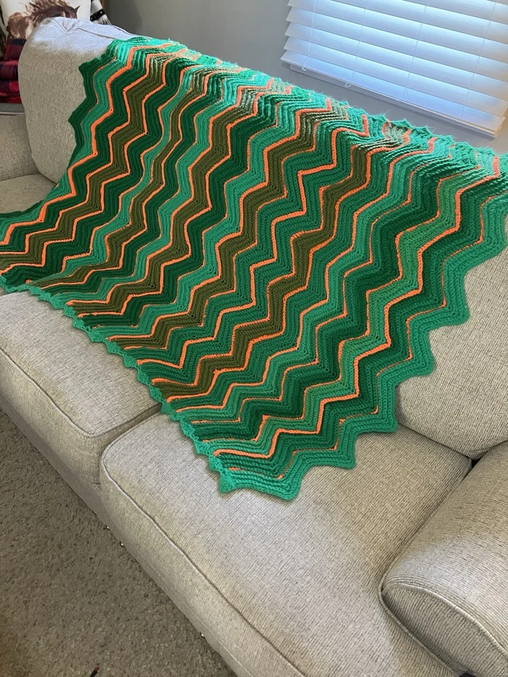Manta afgana de ganchillo hecha a mano naranja y verde Chevron 40x56 Foto 4 de 4