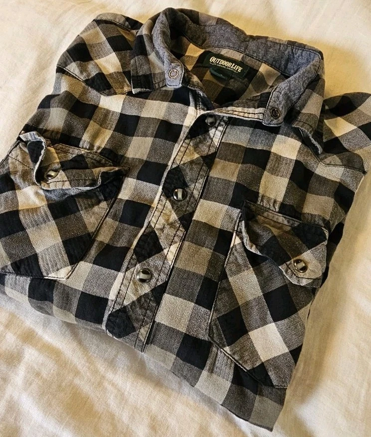 Vtg Outdoor Life Pearl Snap Flannel Shirt Mens Size Large Cowboy Cut Gray Plaid