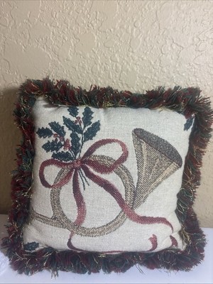 Christmas Tapestry Pillows w/Fringe Holly French Horn 9  Small  Golden Thread