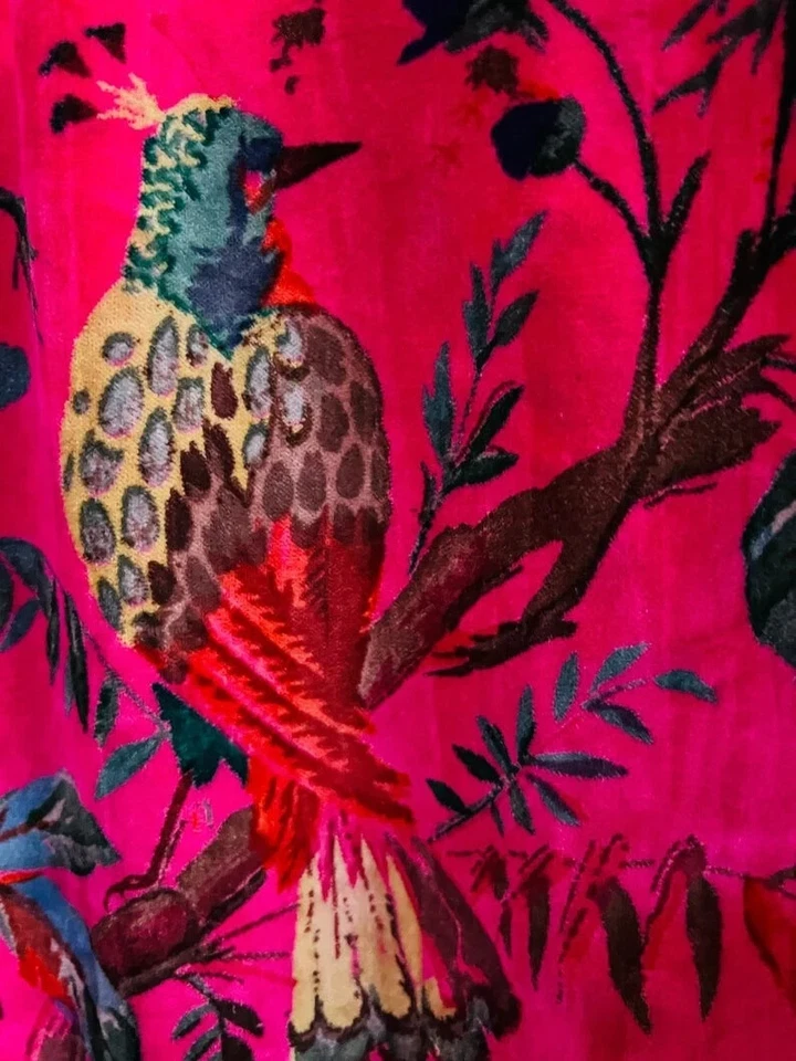 Vintage Cotton Velvet Hot Pink Bird Print Luxury Curtain, Boho Curtain Drapes - Image 4 of 4