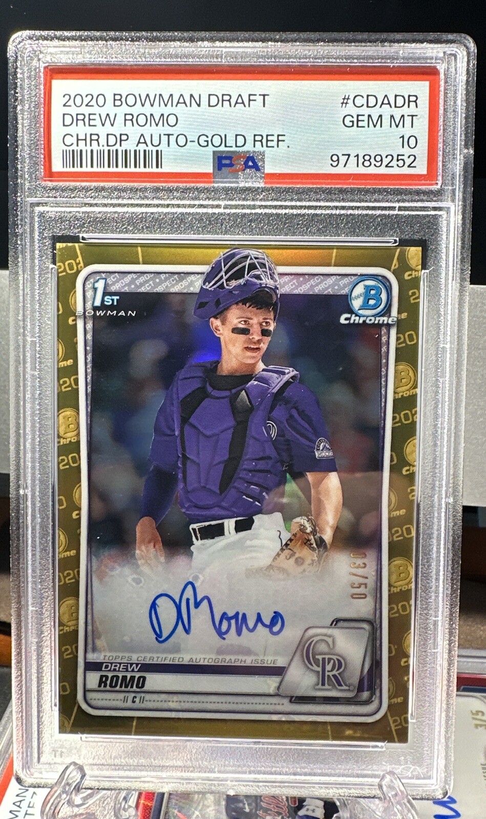 DREW ROMO 2020 Bowman 1ST TRUE GOLD REFRACTOR AUTO 3/50 Rockies GEM MT 10