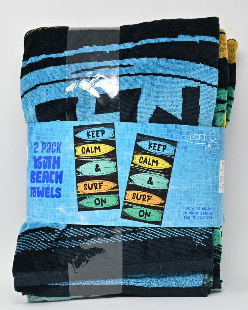 Loft by Loftex Youth Beach Towels 2 Pack Keep Calm & Surf On 30" x 60