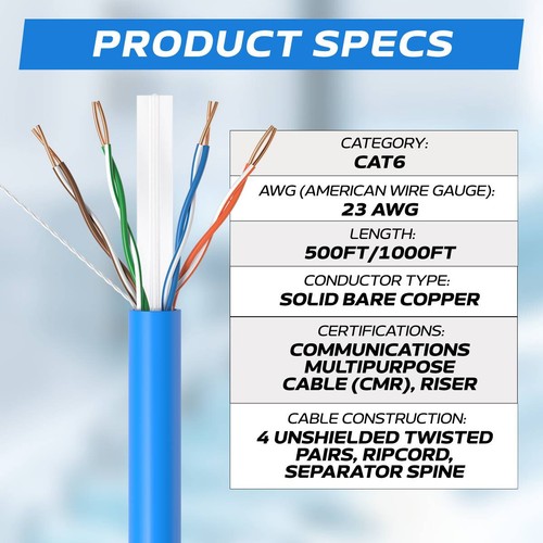 Cable de red Ethernet de cobre sólido CAT6 1000 pies negro ETL CMR 23 AWG - Imagen 2 de 12