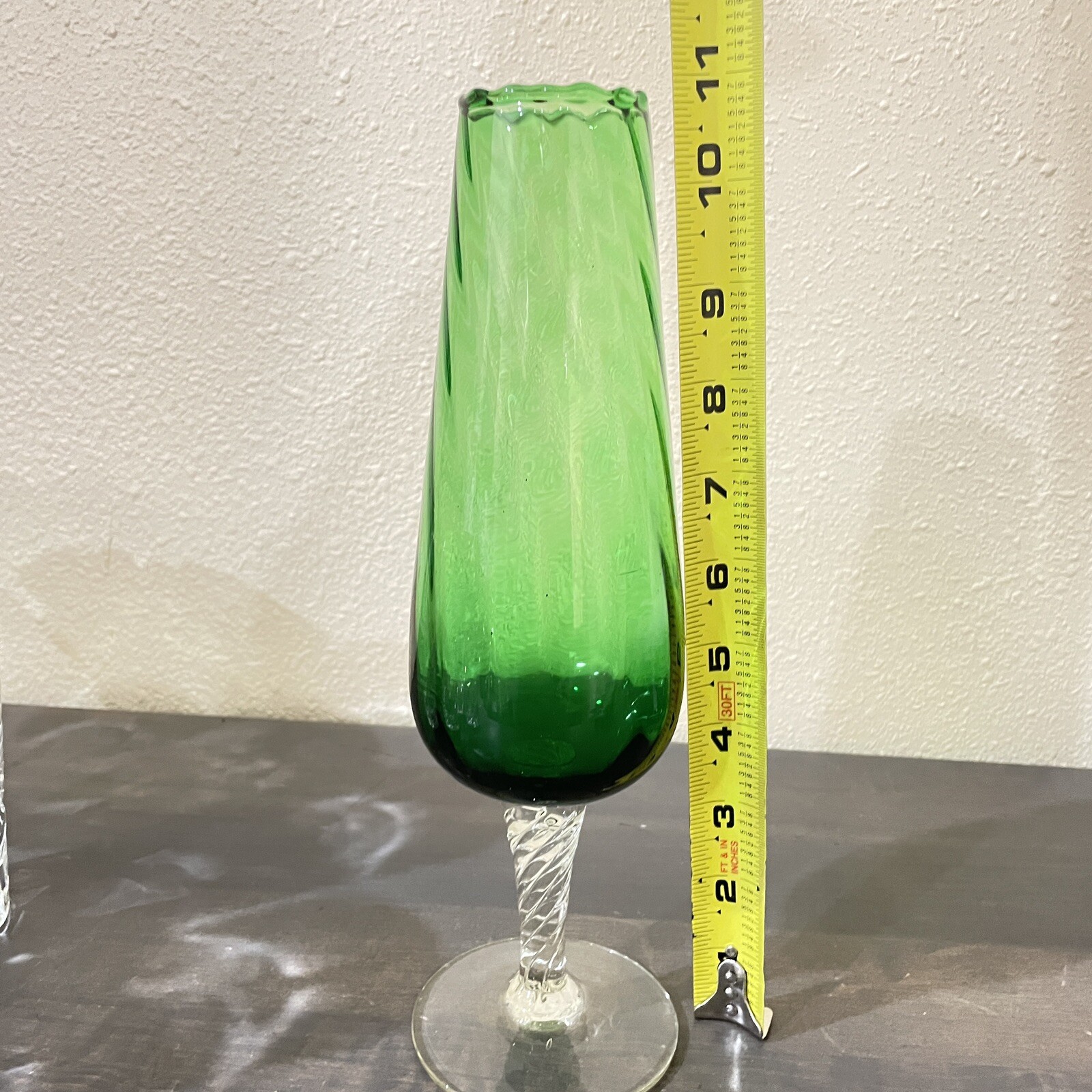 Vintage Empoli Italian Art Glass Optic Vase Emerald Green clear Twisted