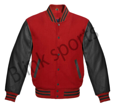 Letterman Baseball Varsity Bomber Red Wool Body And Black Leather Sleeves jacket