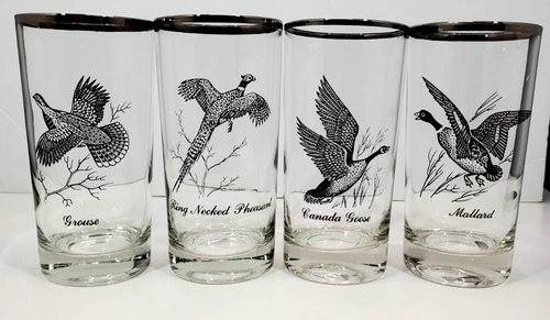 Vintage MCM Federal Glass Wild Game Bird Highball Glasses Silver Rimmed Set of 4